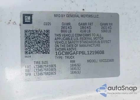 2020 Chevrolet Express Cargo Rwd 2500 Regular Wheelbase Wt from USA, damaged, VIN 1GCWGAFP6L1219608